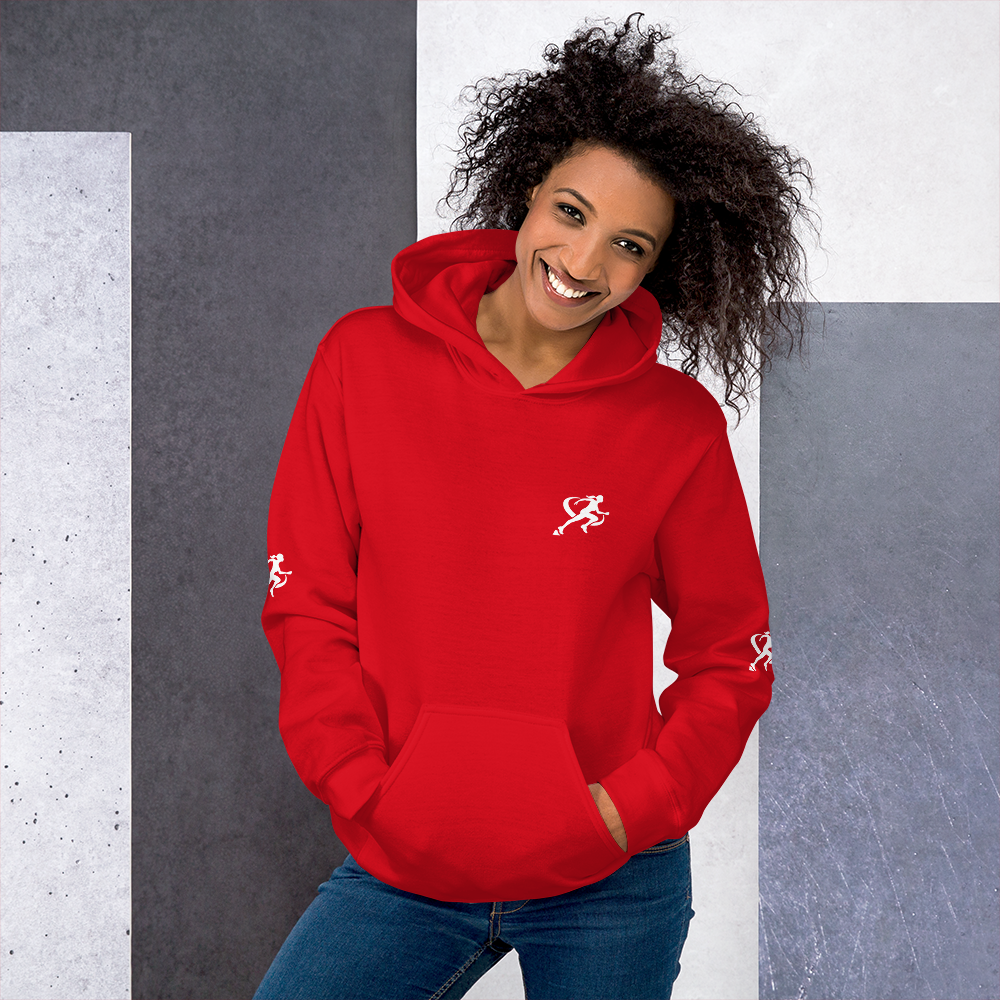 A woman wearing a red Sweatshirt with a white background