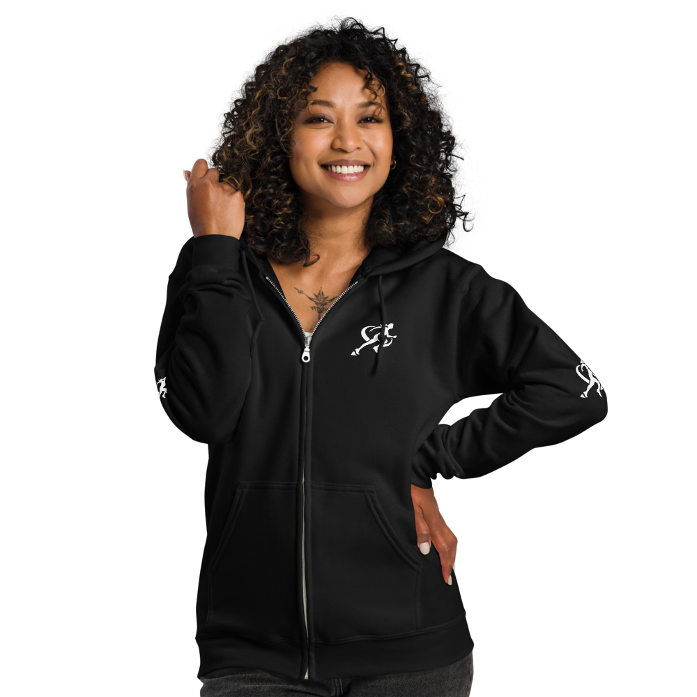 Woman wearing a black hoodie with a logo on a white background
