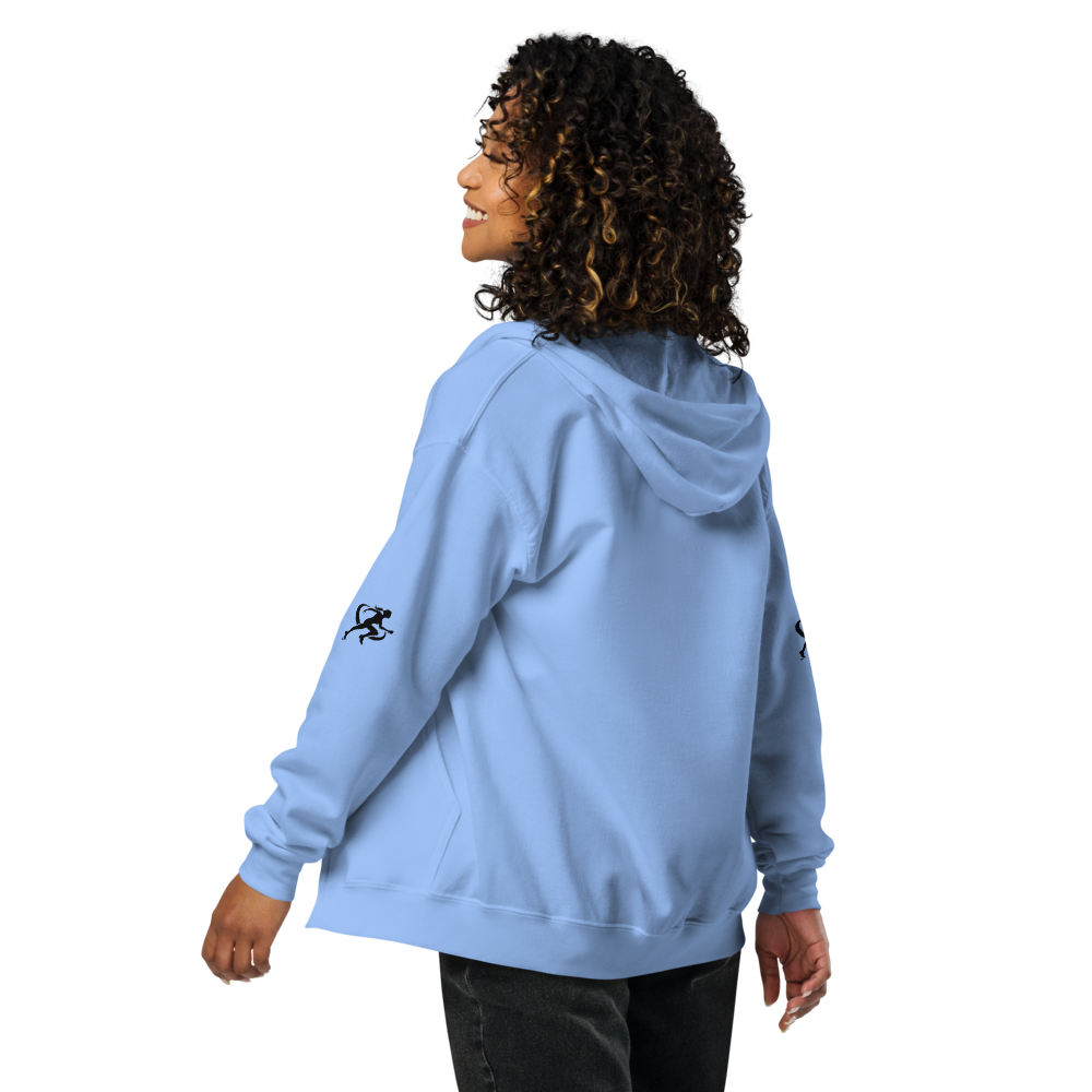 Woman wearing a carolina blue hoodie with a logo on a white background