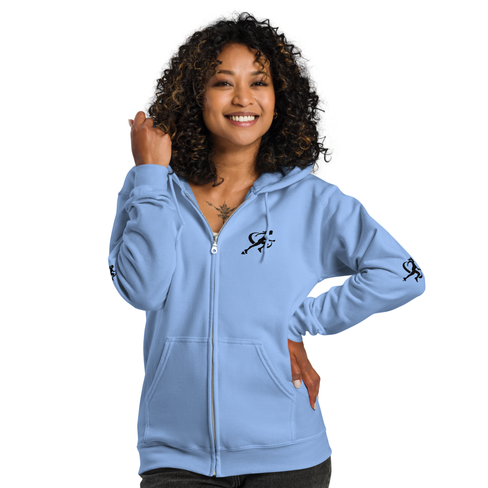 Woman wearing a carolina blue hoodie with a logo on a white background