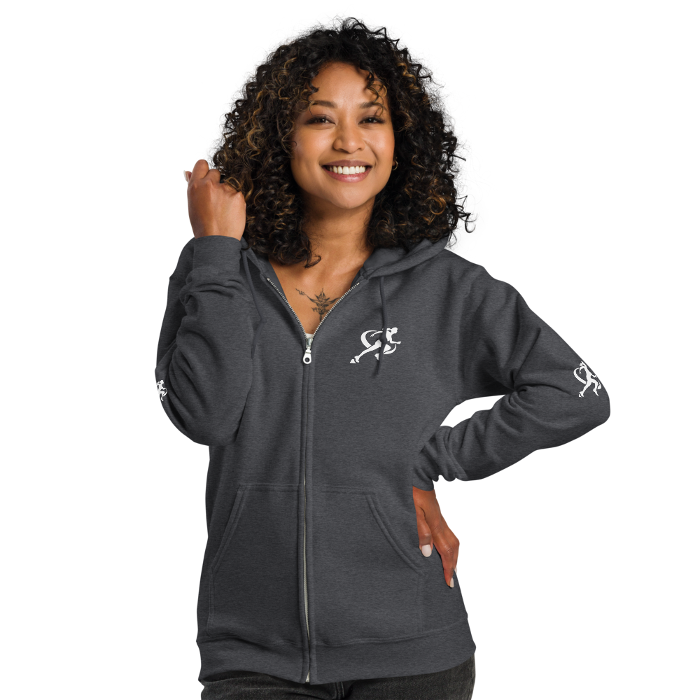 Woman wearing a gray hoodie with a logo on a white background