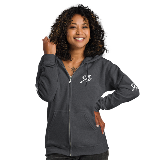 Woman wearing a gray hoodie with a logo on a white background