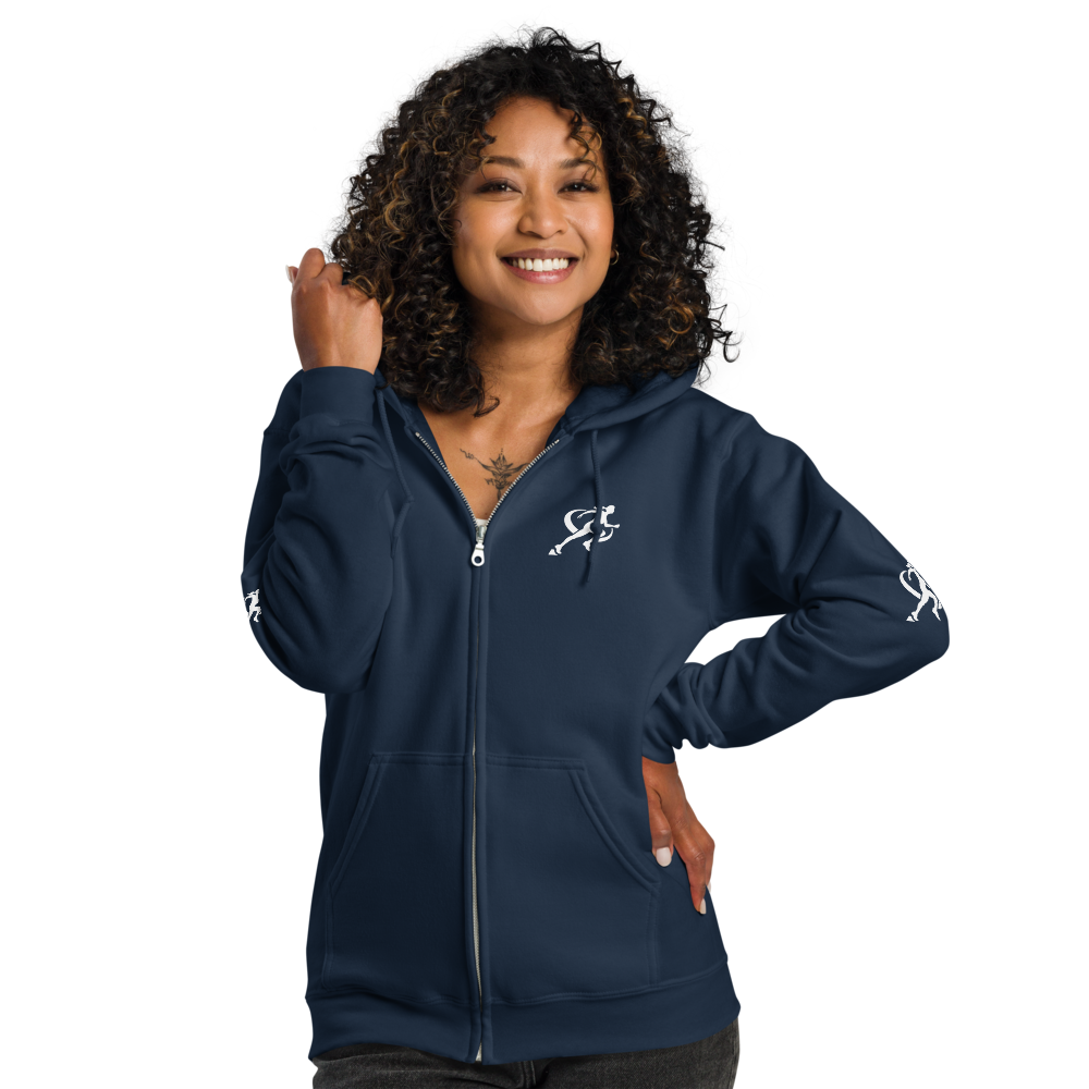 Woman wearing a black hoodie with a logo on a white background