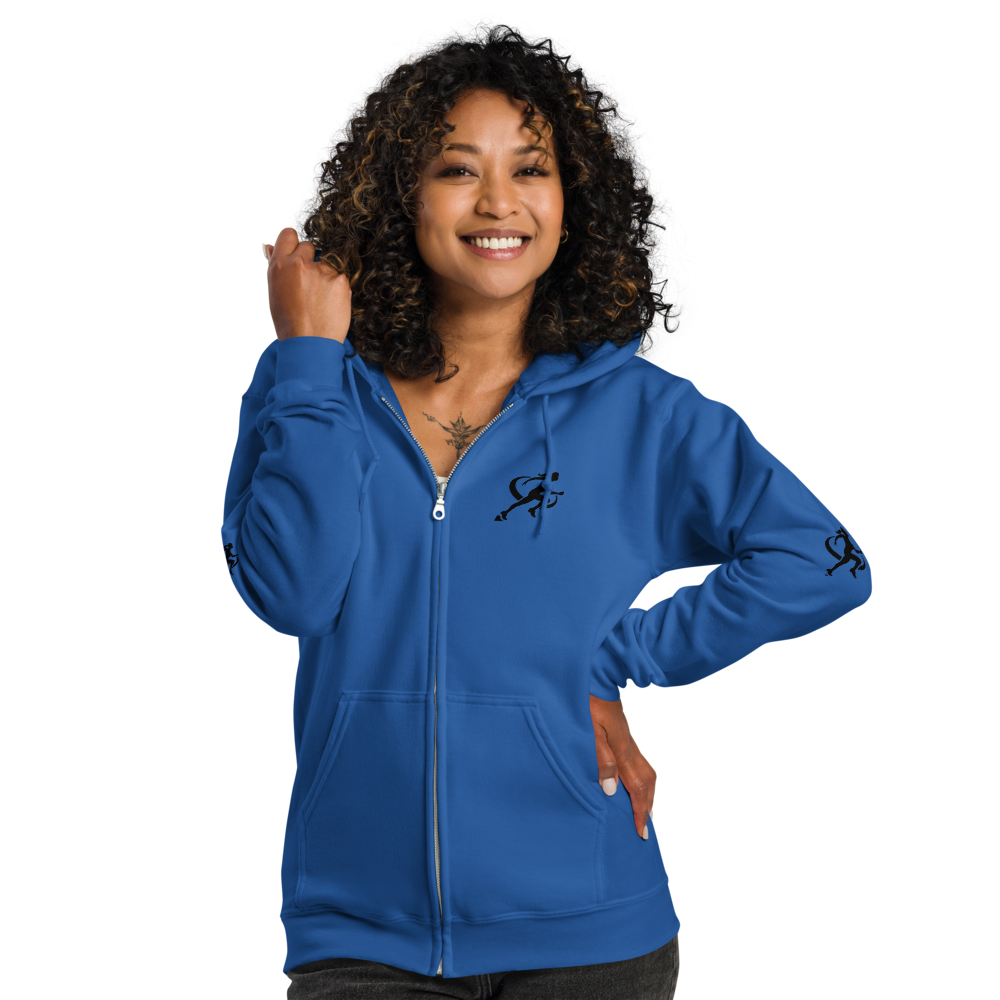 Woman wearing a navy hoodie with a logo on a white background