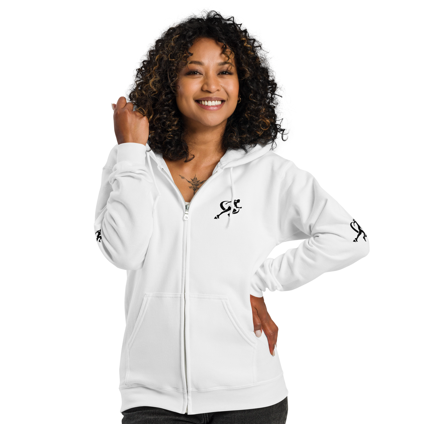 Woman wearing a white hoodie with a logo on a white background