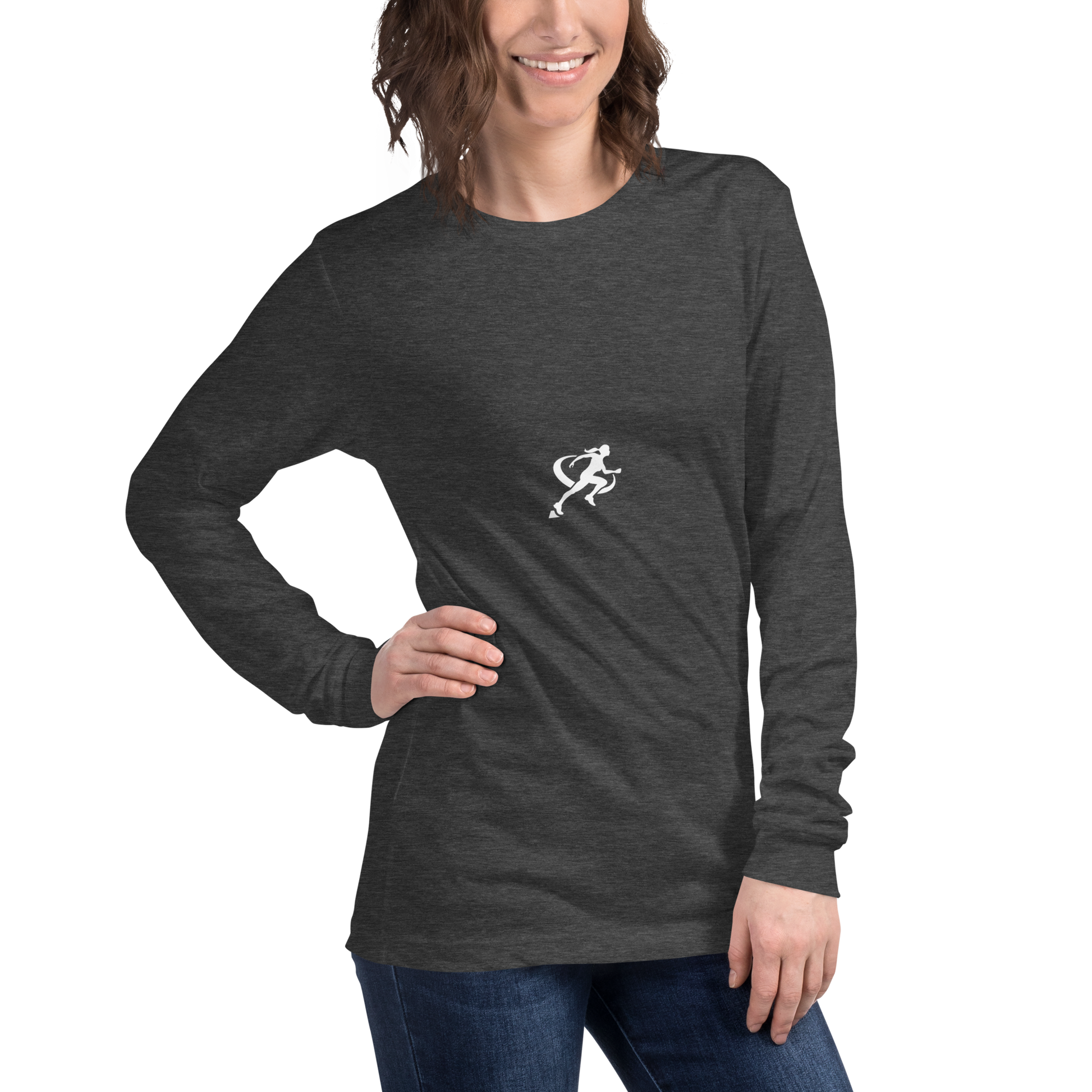 A woman wearing a dark gray long-sleeved crew neck t-shirt with a small white logo on the chest.