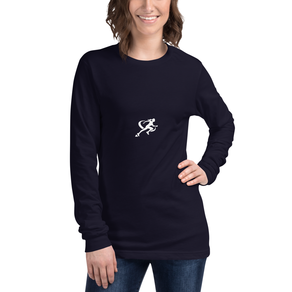 A woman wearing a navy blue long-sleeved crew neck t-shirt with a small white logo on the chest.