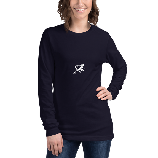 A woman wearing a navy blue long-sleeved crew neck t-shirt with a small white logo on the chest.