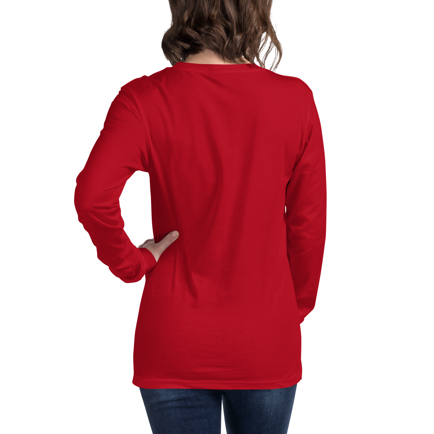 A woman wearing a red long-sleeved crew neck t-shirt on the back
