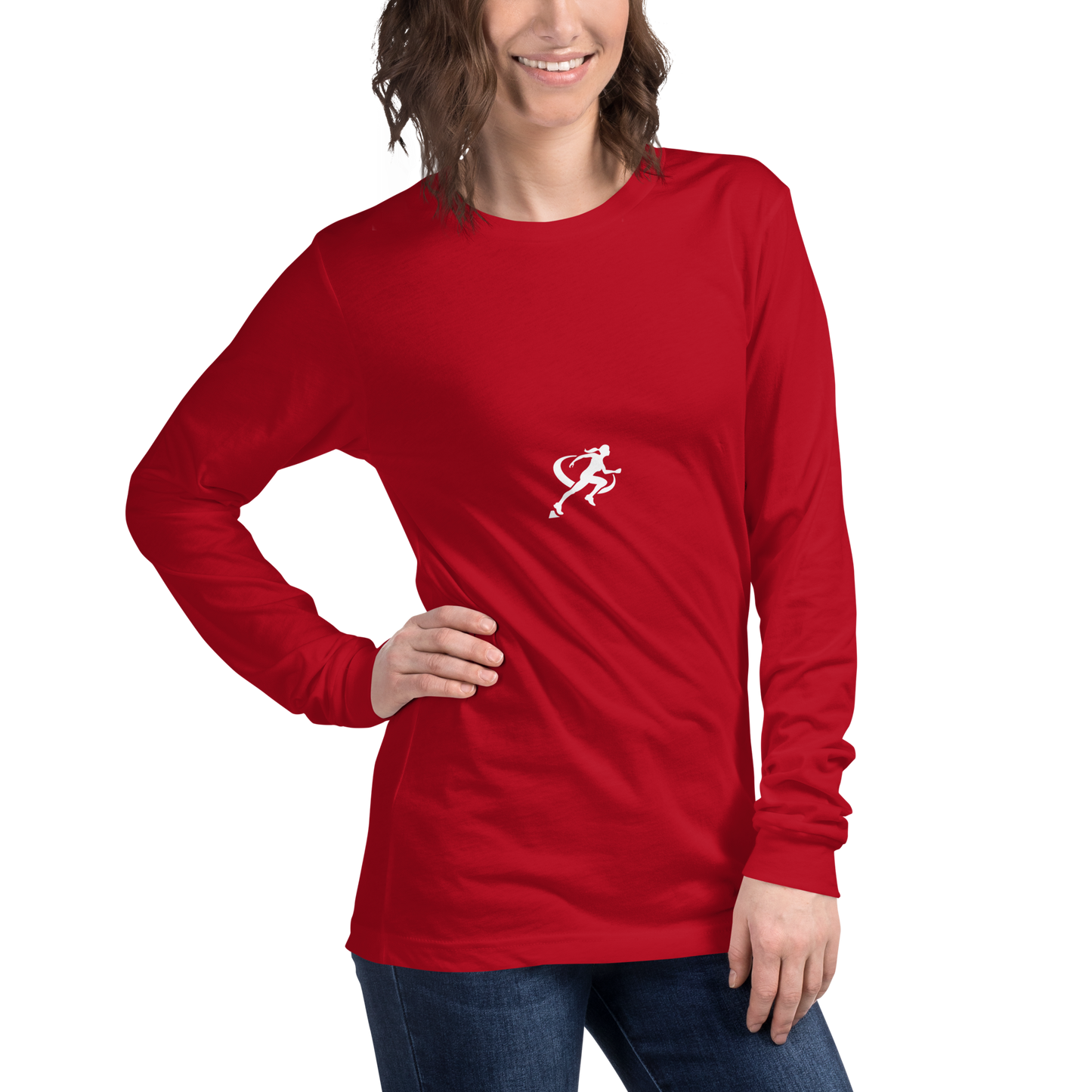 A woman wearing a red long-sleeved crew neck t-shirt with a small white logo on the chest.