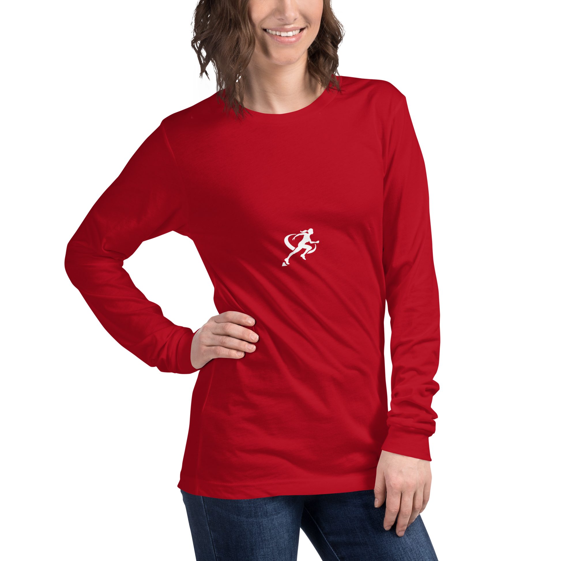 A woman wearing a red long-sleeved crew neck t-shirt with a small white logo on the chest.