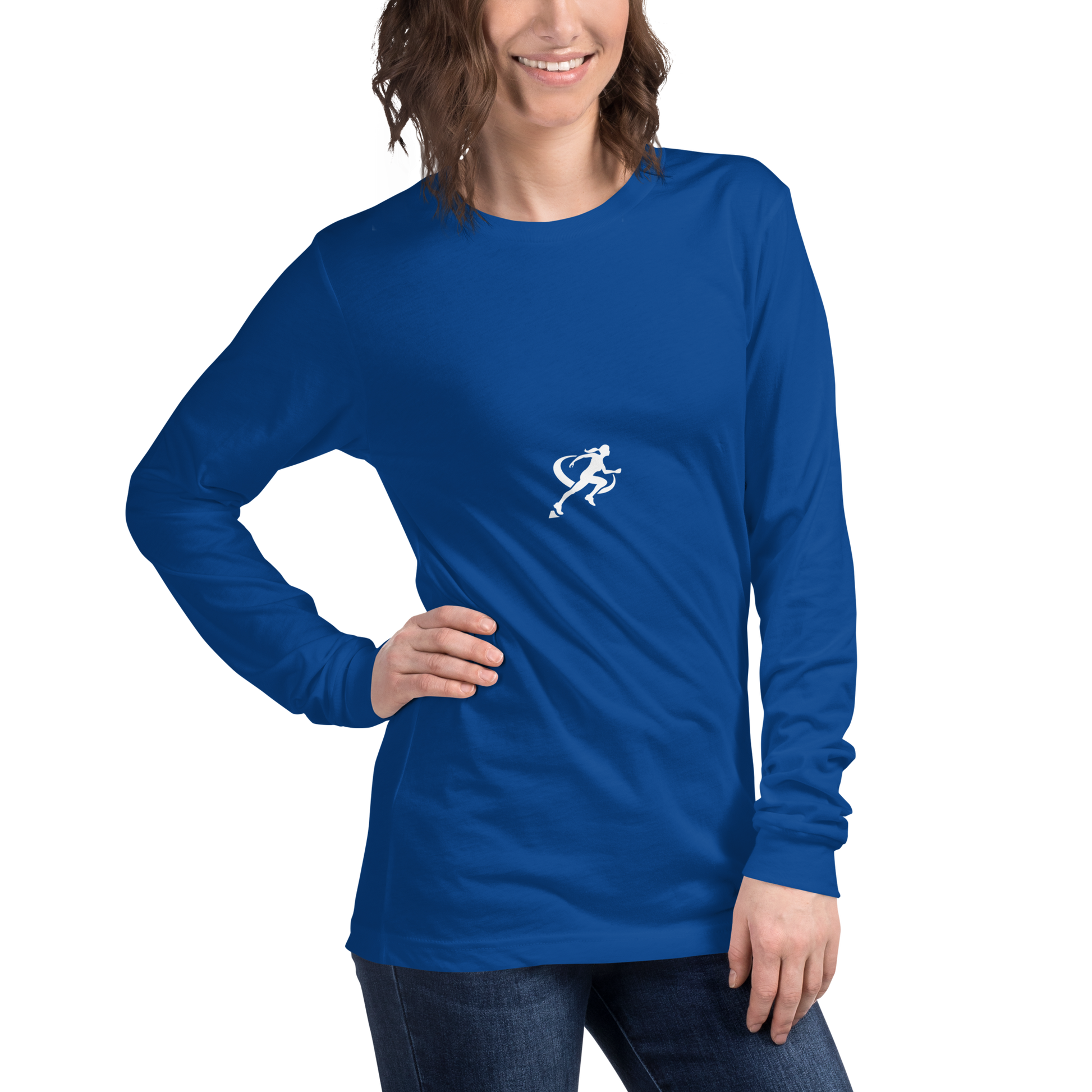 A woman wearing a blue long-sleeved crew neck t-shirt with a small white logo on the chest.