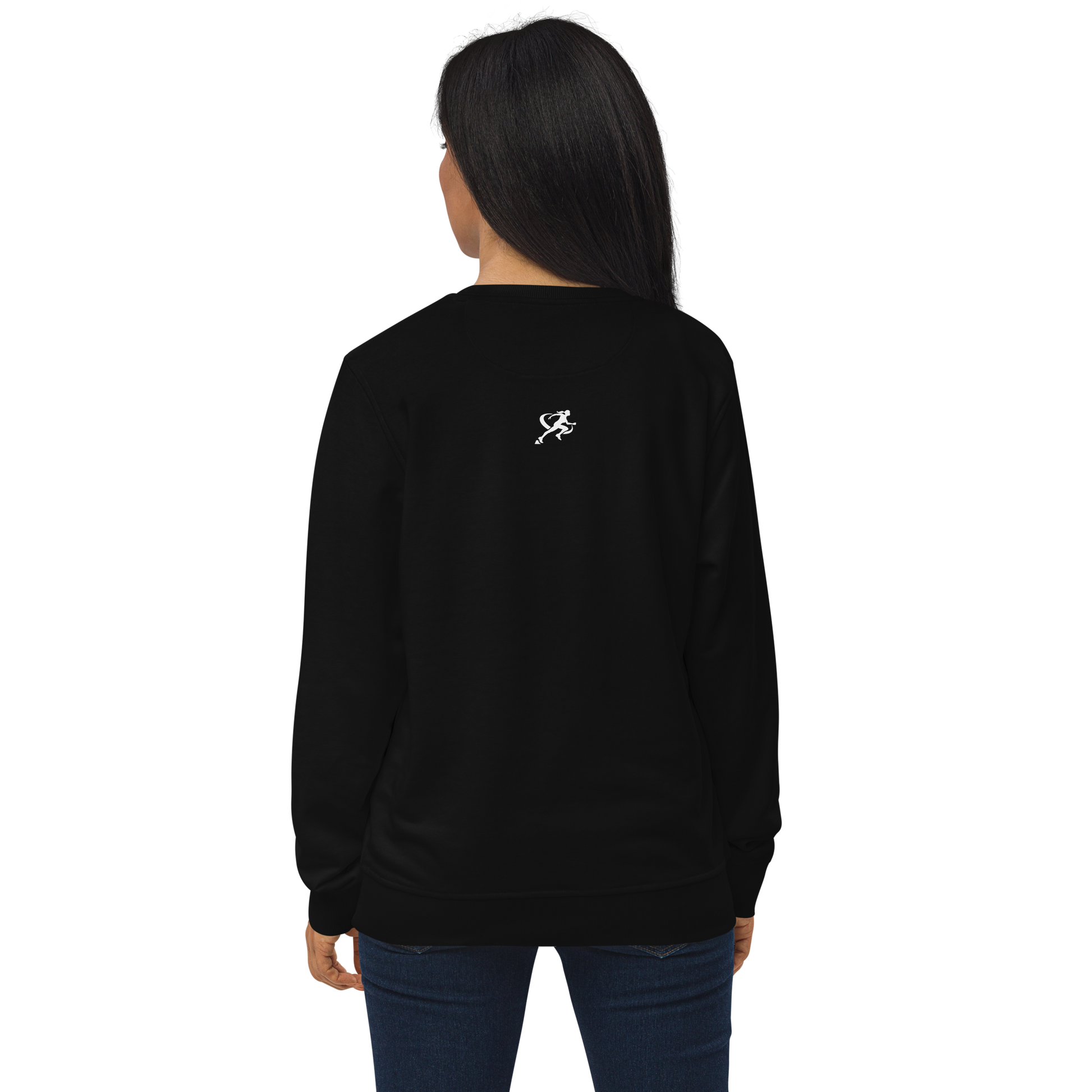 Woman wearing a black sweatshirt with a logo on a white background