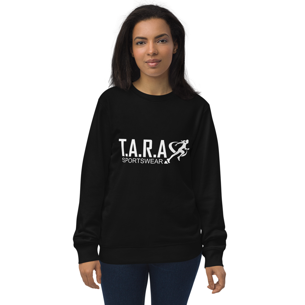 A woman wearing a black T.A.R.A Sportswear classic sweatshirt with the brand logo on the front.