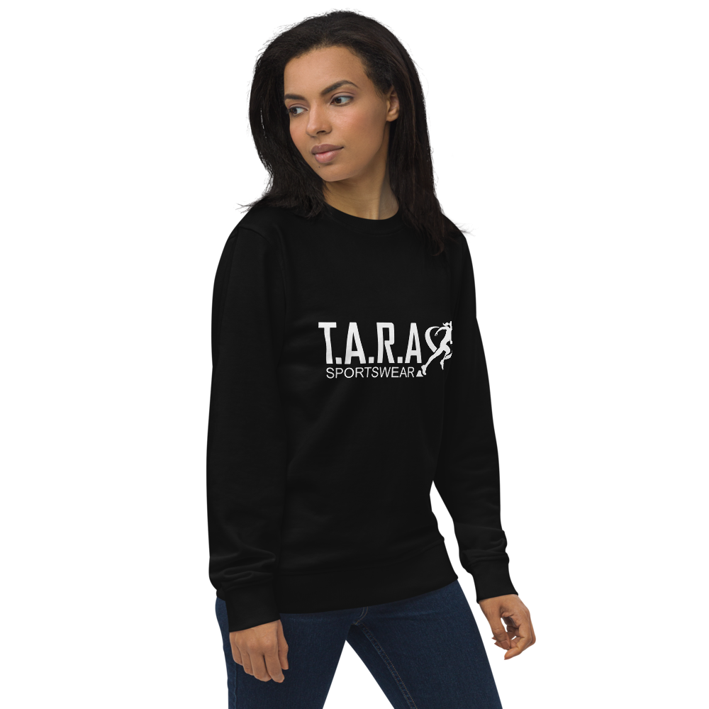 A woman wearing a black T.A.R.A Sportswear classic sweatshirt with the brand logo on the front.