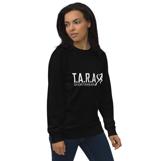 A woman wearing a black T.A.R.A Sportswear classic sweatshirt with the brand logo on the front.