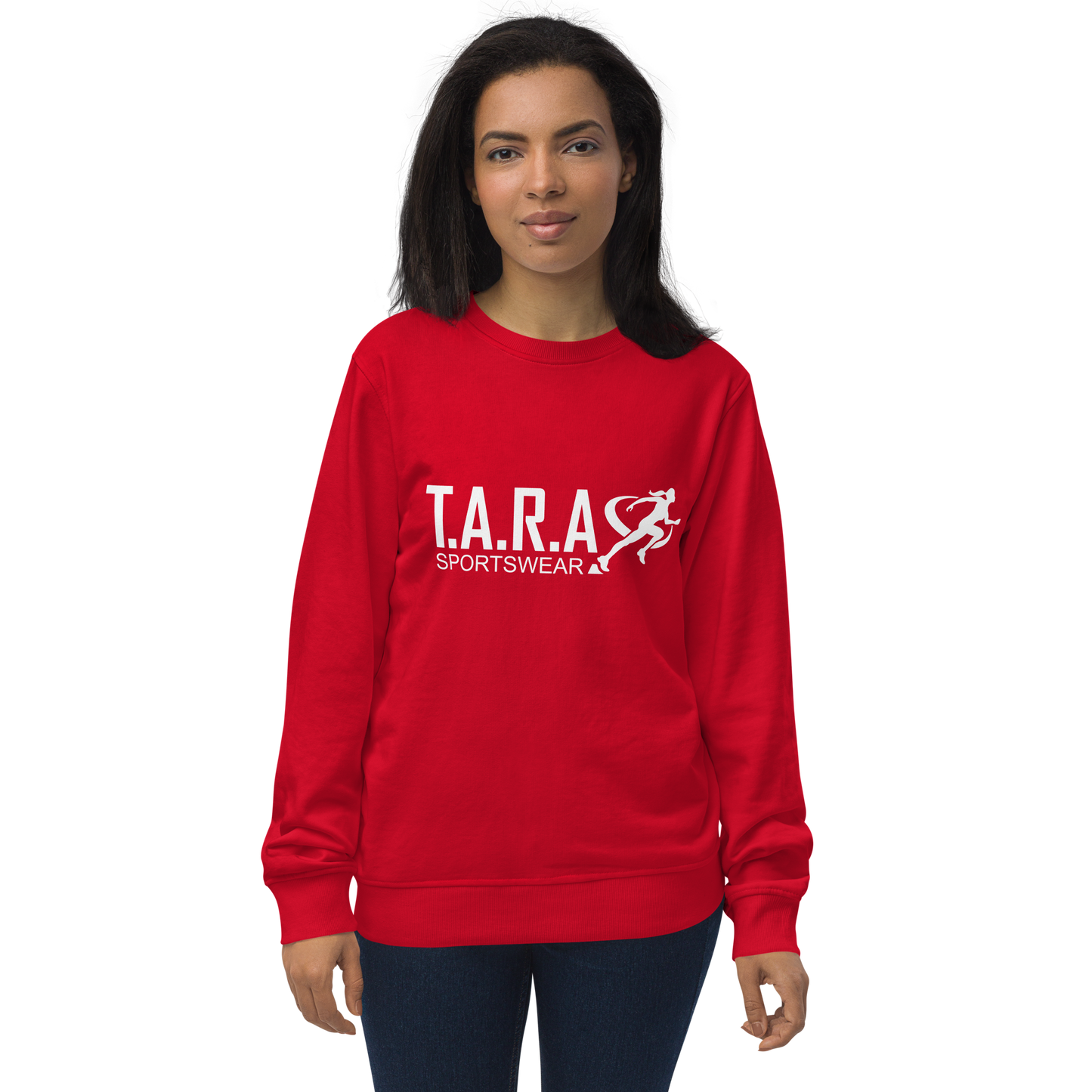A woman wearing a red T.A.R.A Sportswear classic sweatshirt with the brand logo on the front.