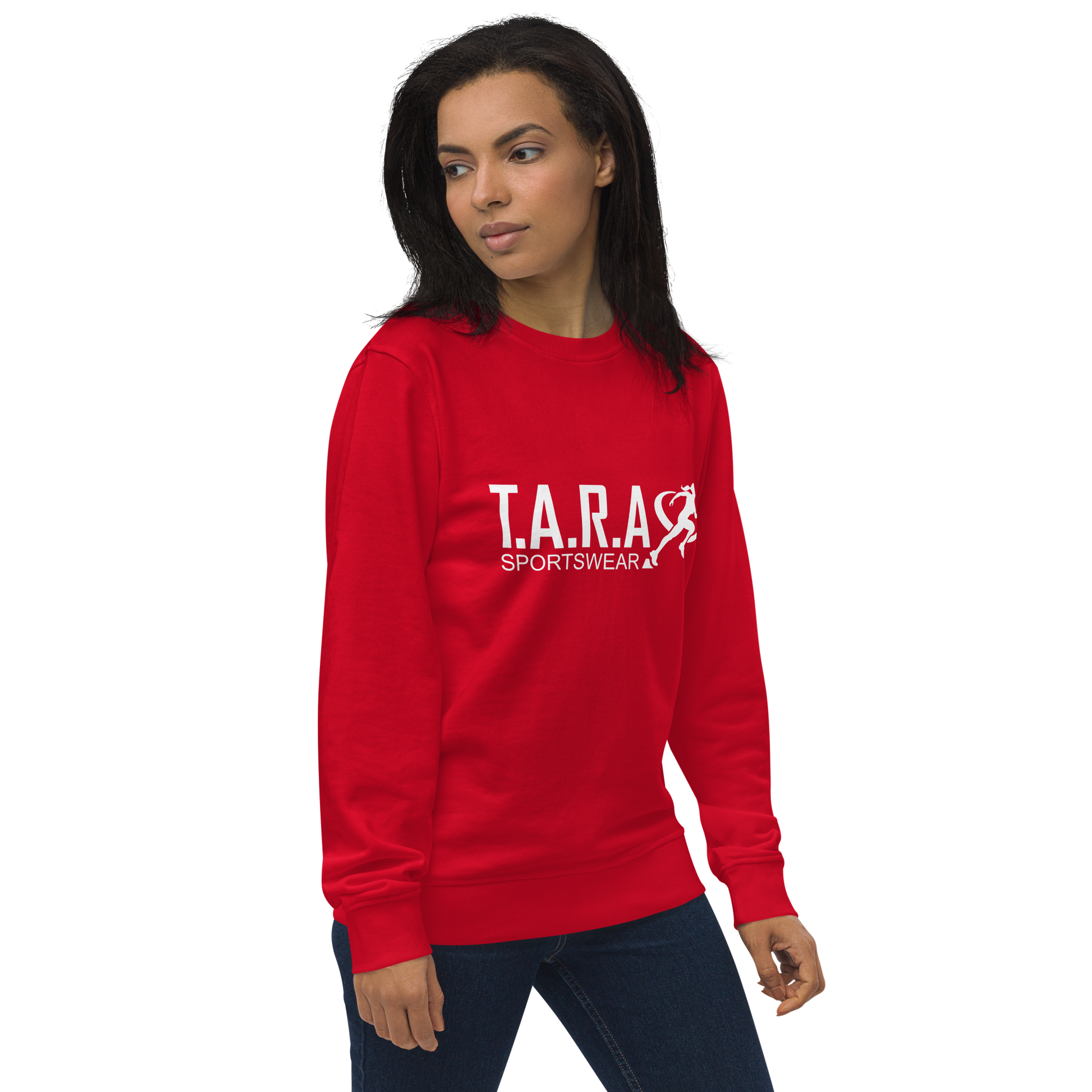 A woman wearing a red T.A.R.A Sportswear classic sweatshirt with the brand logo on the front.