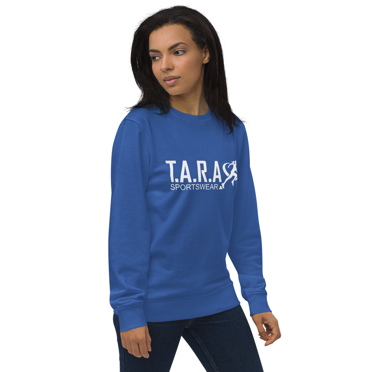 A woman wearing a blue T.A.R.A Sportswear classic sweatshirt with the brand logo on the front.