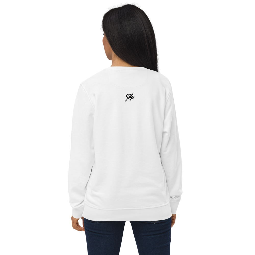 Woman wearing a white sweatshirt with a logo on a white background