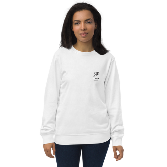 Woman wearing a white sweatshirt with a logo on a white background