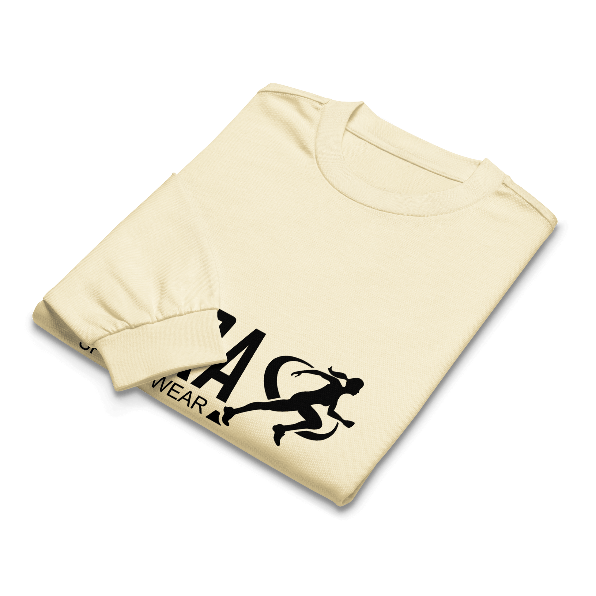 Person wearing a white sweatshirt with 'TARA SPORTSWEAR' logo against a brick wall.