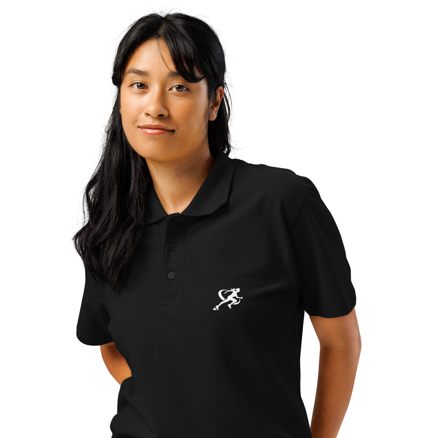 A person wearing a black classic polo shirt with a three-button placket and a logo on the chest.