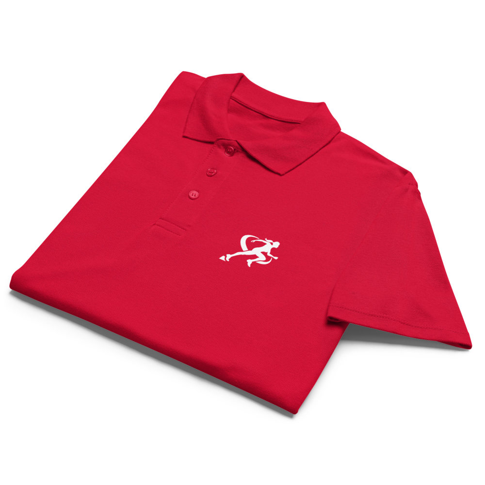 A red classic polo shirt with a three-button placket and a logo on the chest.