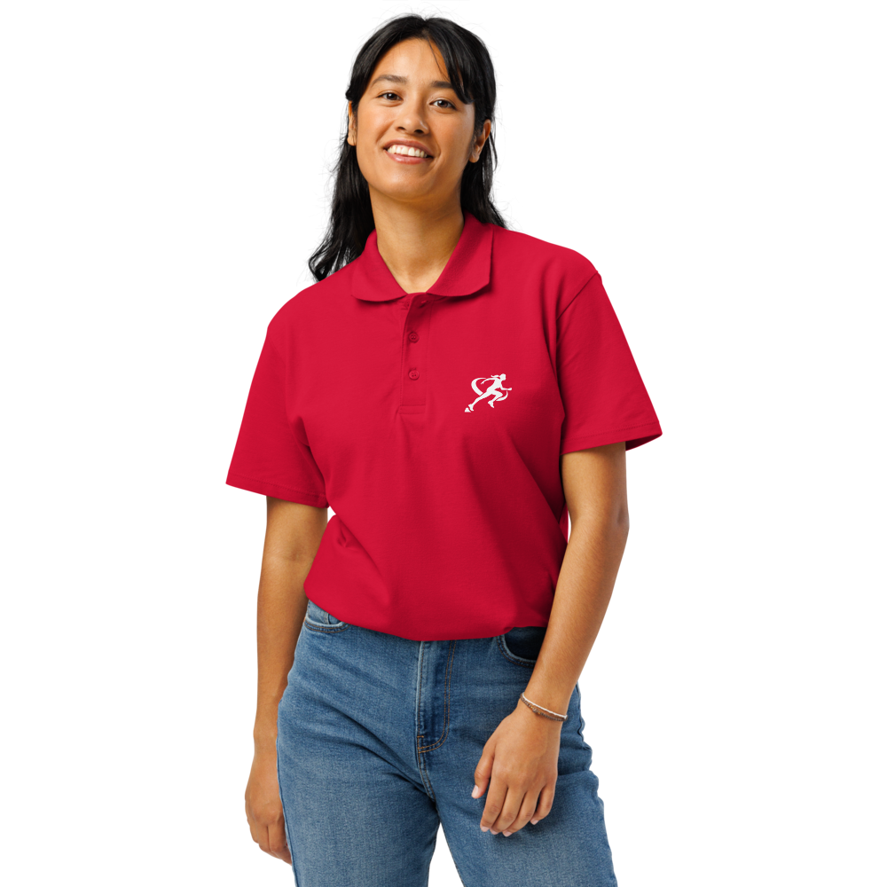 A person wearing a red classic polo shirt with a three-button placket and a logo on the chest.