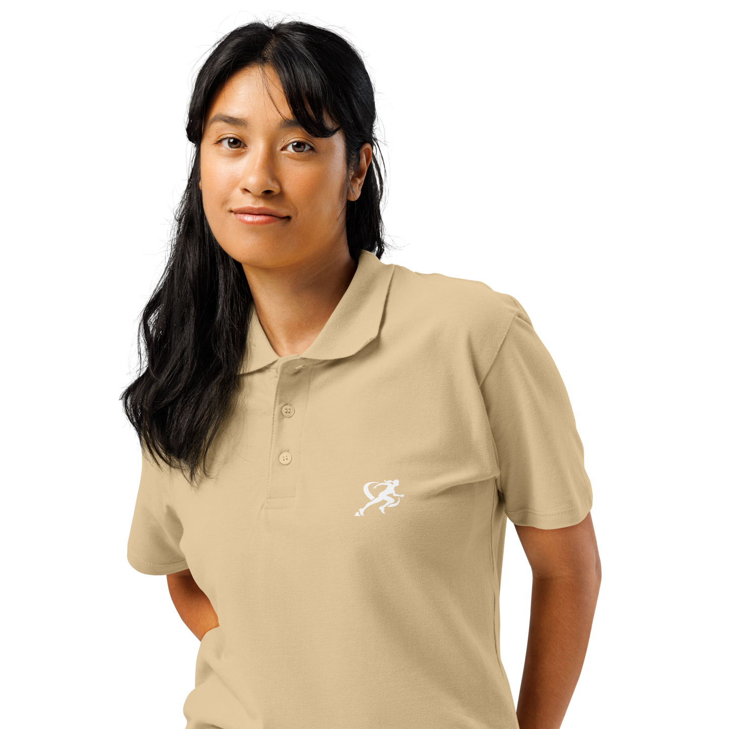 A person wearing a sand classic polo shirt with a three-button placket and a logo on the chest.