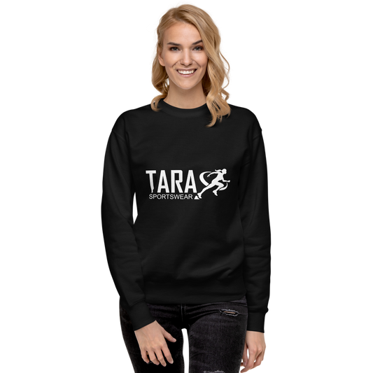 Person wearing a black sweatshirt with 'TARA SPORTSWEAR' logo on a white background