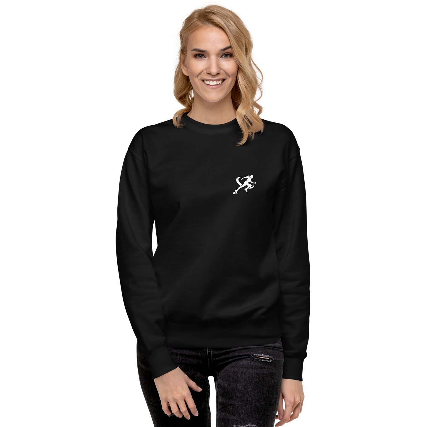 Woman wearing a black sweatshirt with a white logo on a white background