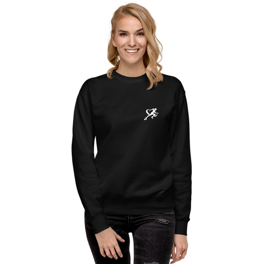Woman wearing a black sweatshirt with a white logo on a white background