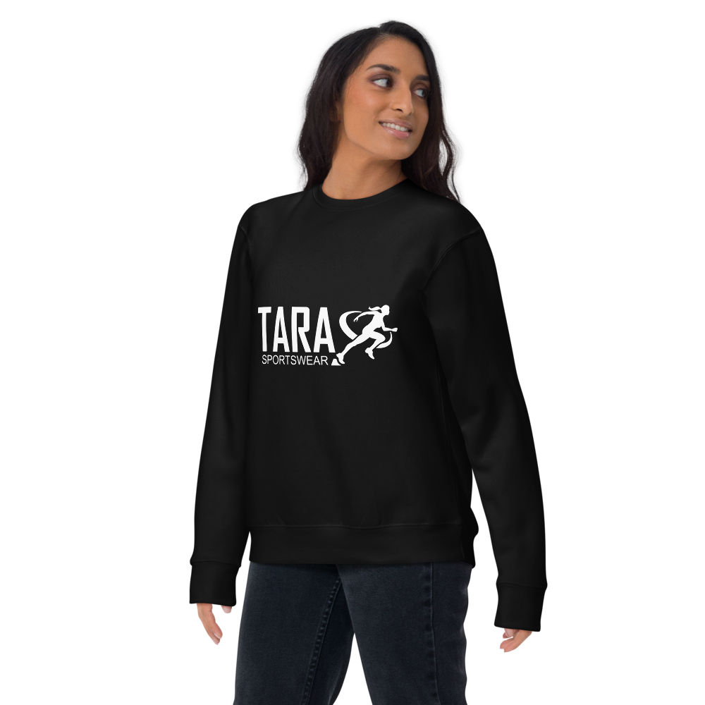 Person wearing a black sweatshirt with 'TARA SPORTSWEAR' logo on a white background