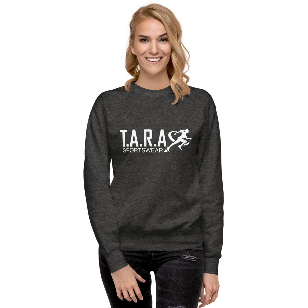 Person wearing a gray sweatshirt with 'TARA SPORTSWEAR' logo on a white background