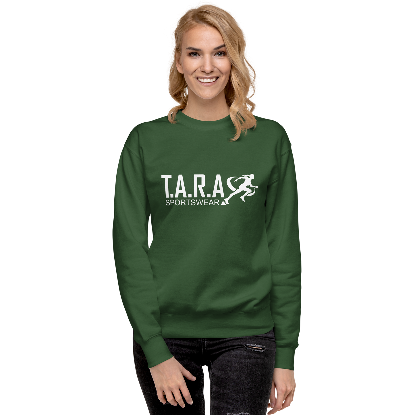 Person wearing a gray sweatshirt with 'TARA SPORTSWEAR' logo on a white background