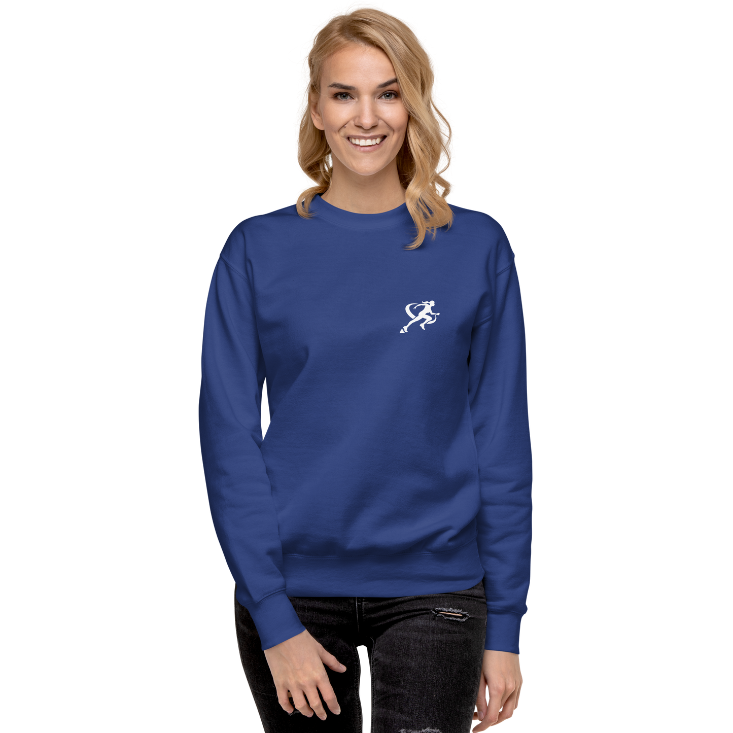 Woman wearing a blue sweatshirt with a white logo on a white background