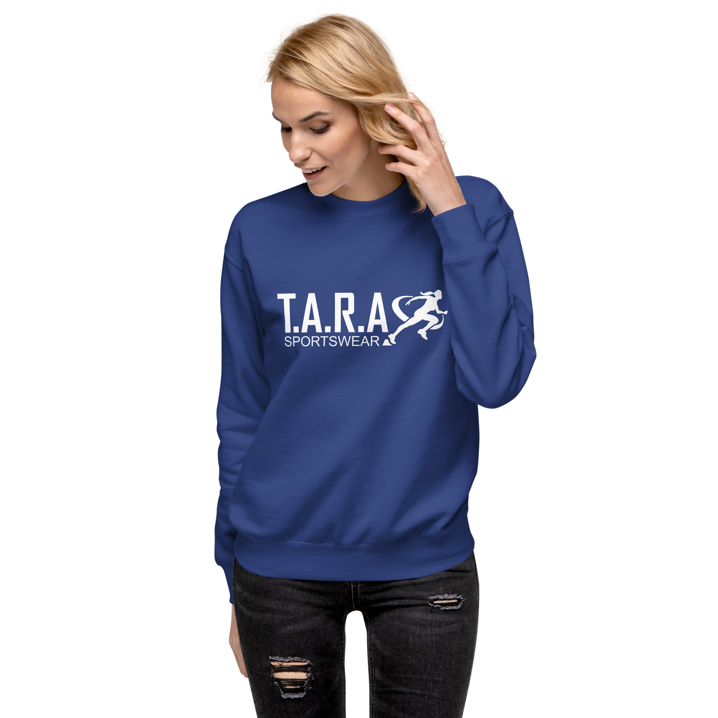 Person wearing a blue sweatshirt with 'TARA SPORTSWEAR' logo on a white background