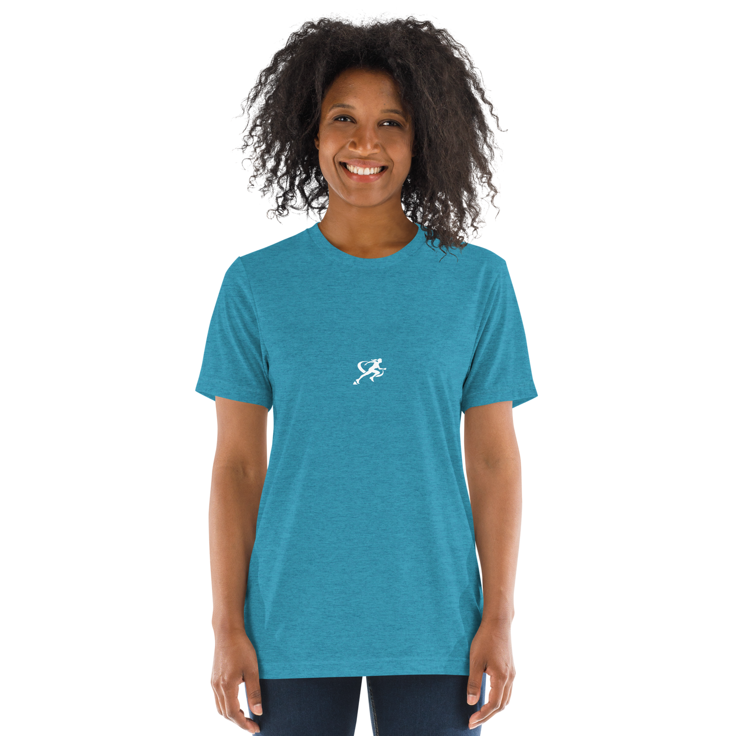 Woman wearing a blue t-shirt with a small logo on a white background