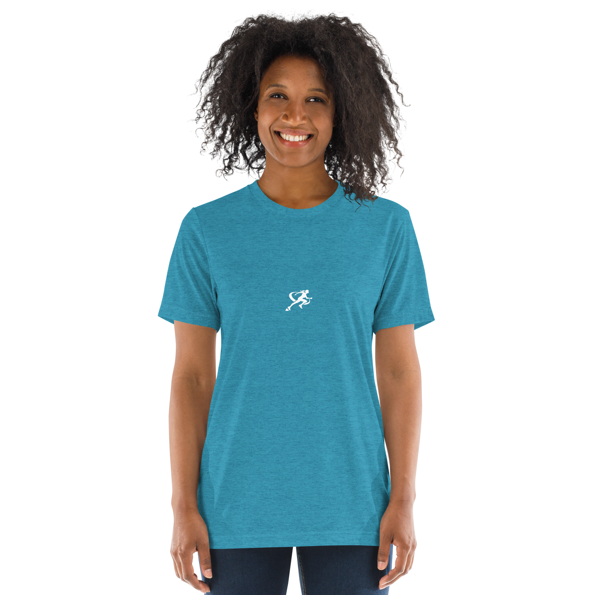 Woman wearing a blue t-shirt with a small logo on a white background