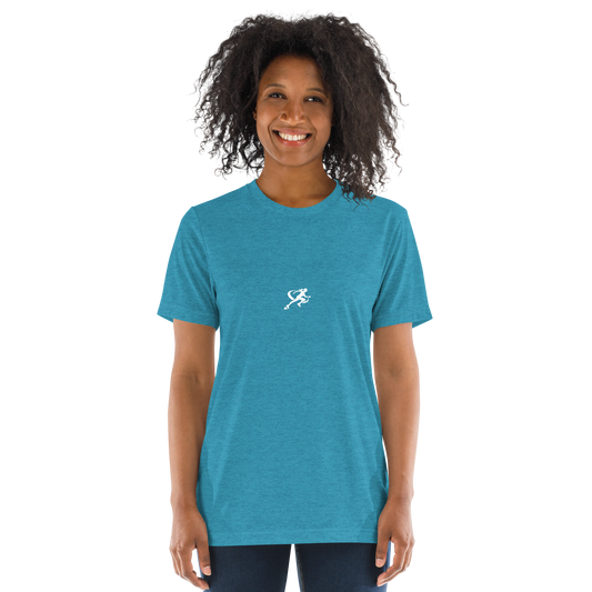 Woman wearing a blue t-shirt with a small logo on a white background
