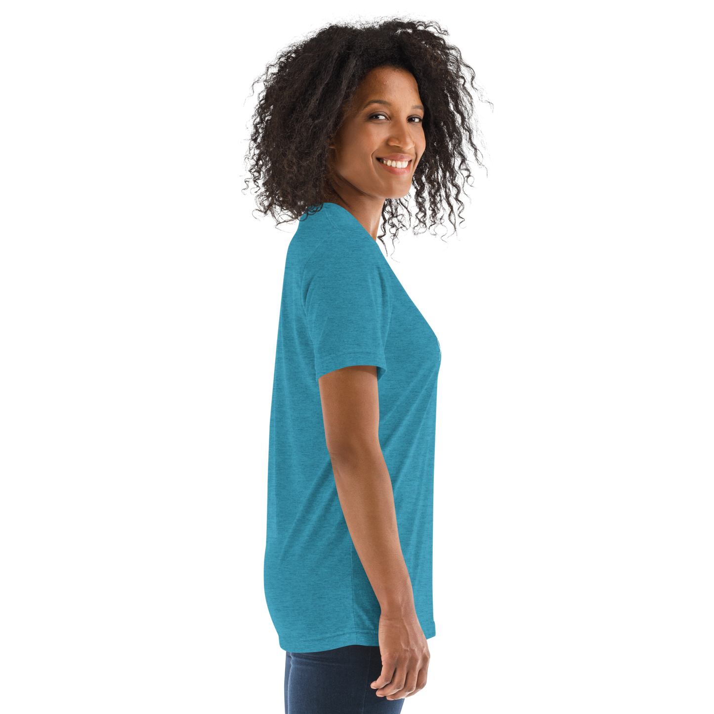 Woman wearing a blue t-shirt with a small logo on a white background