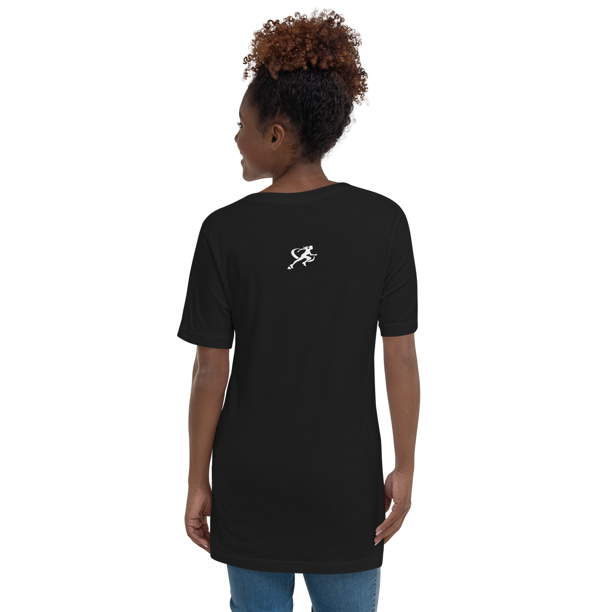 Woman wearing a black t-shirt with 'TARA SPORTSWEAR' logo on a white background