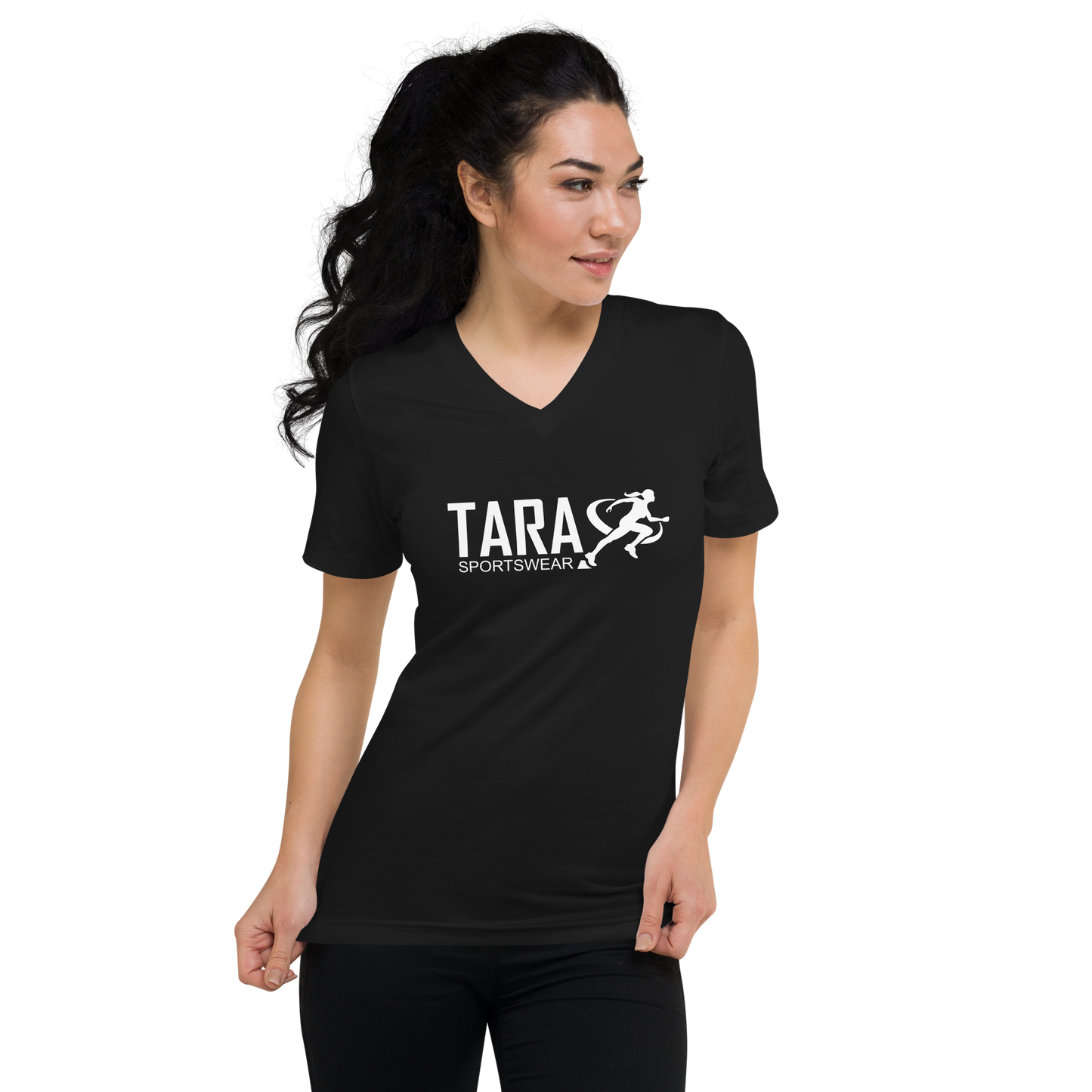 Woman wearing a black t-shirt with 'TARA SPORTSWEAR' logo on a white background
