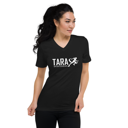 Woman wearing a black t-shirt with 'TARA SPORTSWEAR' logo on a white background