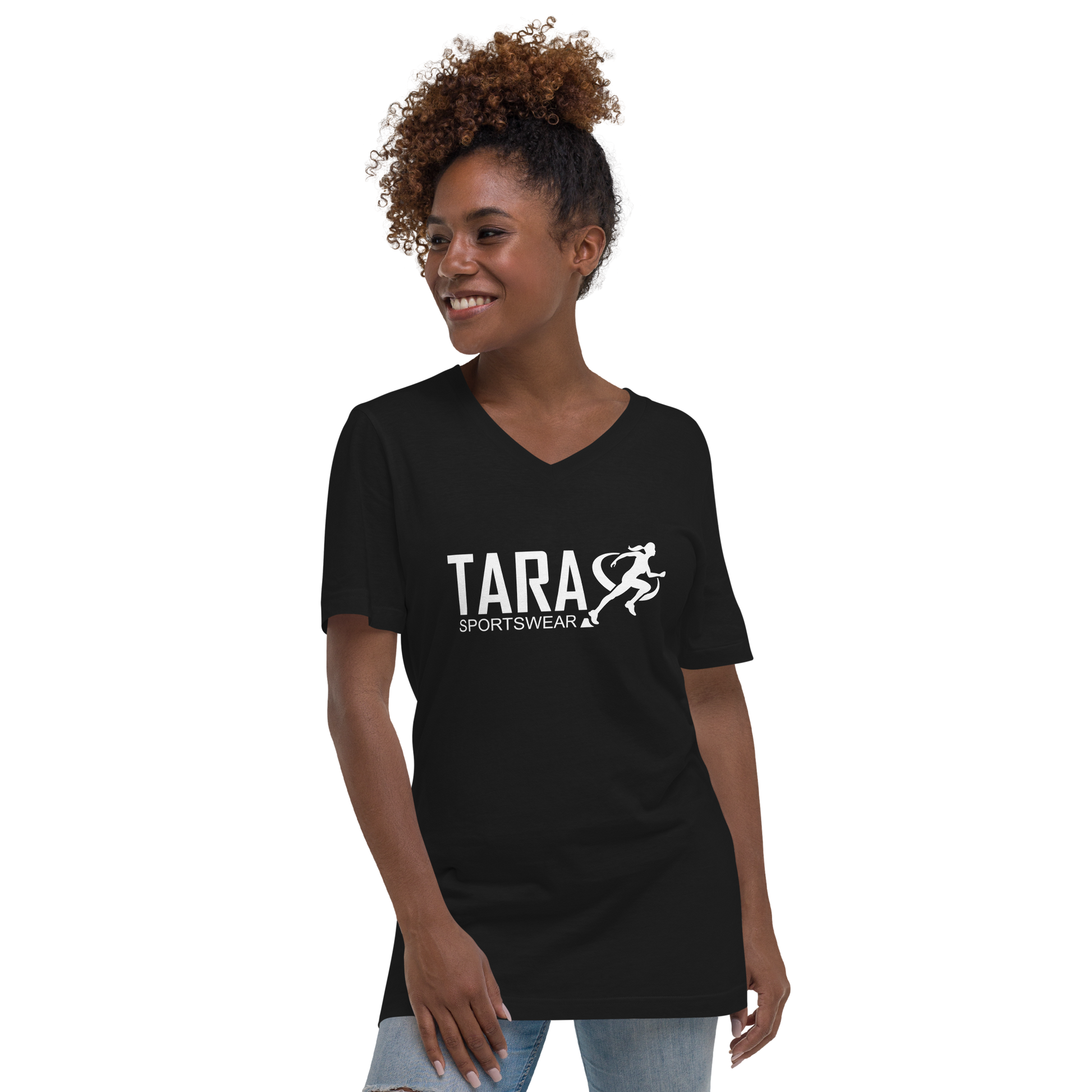 Woman wearing a black t-shirt with 'TARA SPORTSWEAR' logo on a white background
