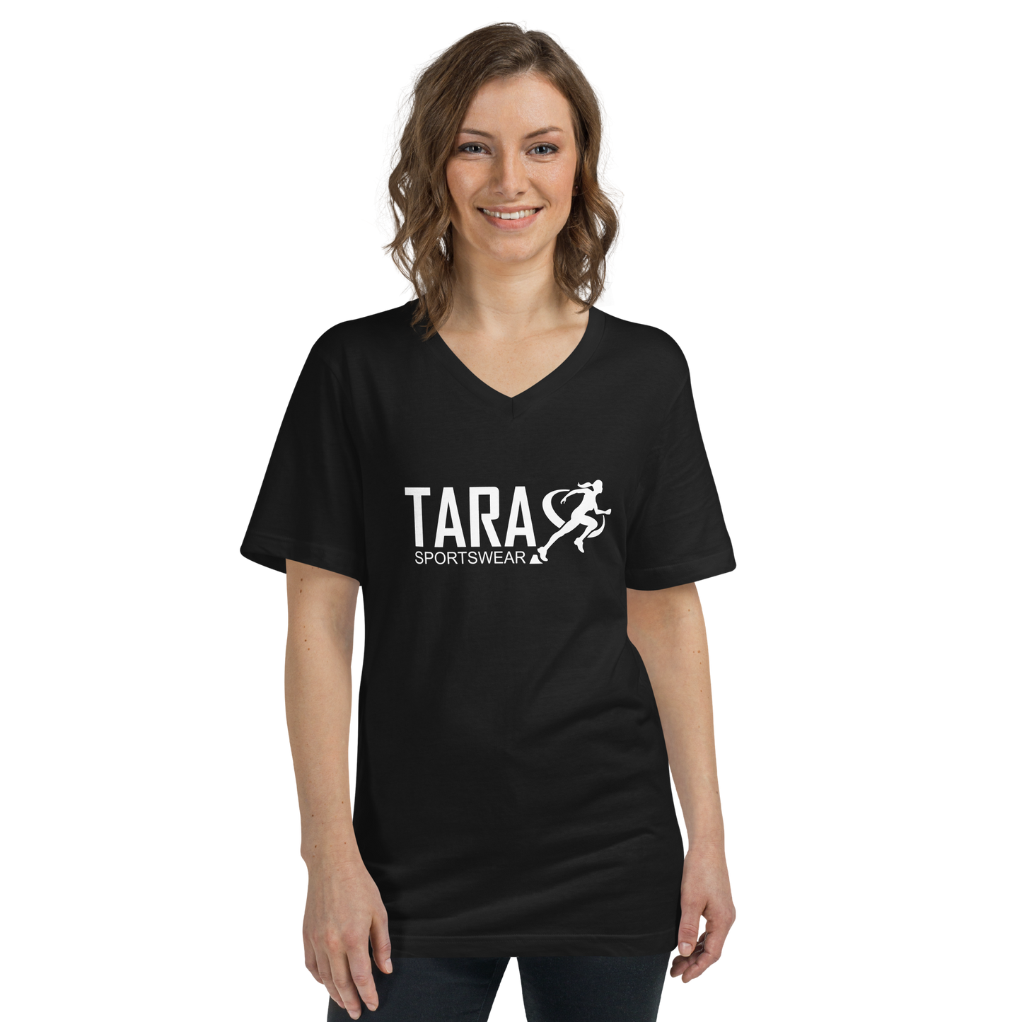 Woman wearing a black t-shirt with 'TARA SPORTSWEAR' logo on a white background