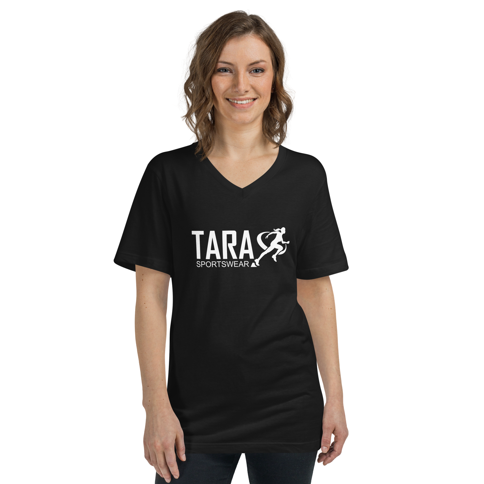 Woman wearing a black t-shirt with 'TARA SPORTSWEAR' logo on a white background