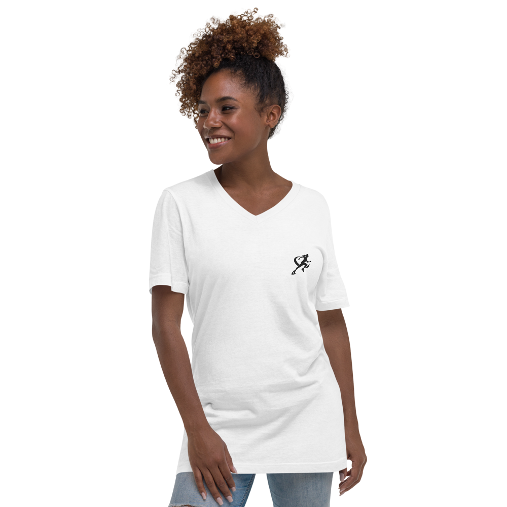 Woman wearing a white t-shirt with a small logo on a white background