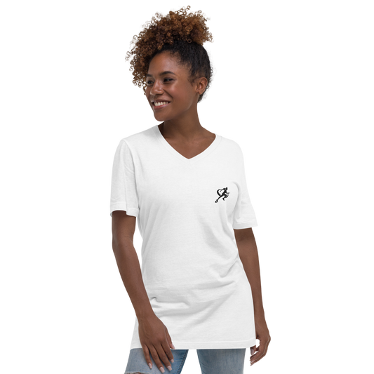 Woman wearing a white t-shirt with a small logo on a white background